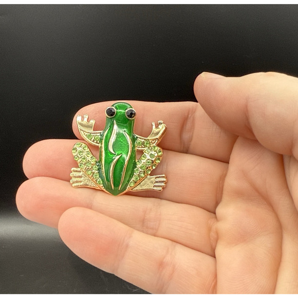 Vintage Frog Brooch Green Enamel Rhinestone Gold Tone Tree Frog - Picture 5 of 6